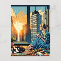 Morning Time in the City | Woman Reflecting Postcard