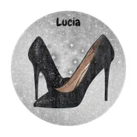 Black Glitter High Heel Shoe on Silver | Cutting Board