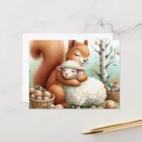 A Sweet Squirrel Hugs a Sheep Postcard