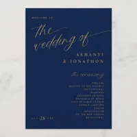 Soft Romantic Dark Navy Blue and Gold Wedding Program