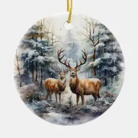 Reindeer in Winter Wonderland Ceramic Ornament