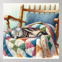 Sweet Gray Cat Sleeping on a Quilt Poster