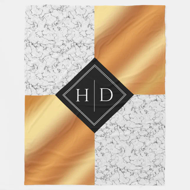 Elegant Marble & Copper Foil Monogram Wedding Fleece Blanket