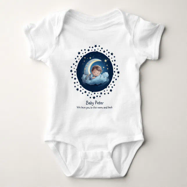 Cute Cartoon Baby Sleeping on Half Moon Cloud Blue Baby Bodysuit