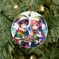 Merry Christmas Watercolor Anime Elves Personalize Ceramic Ornament