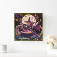 A witch brews potions under the full moon square wall clock