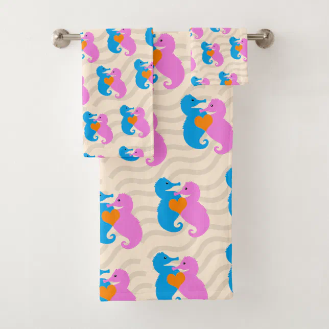 Cute Blue and Pink Seahorses in Love on Grey Waves Bath Towel Set