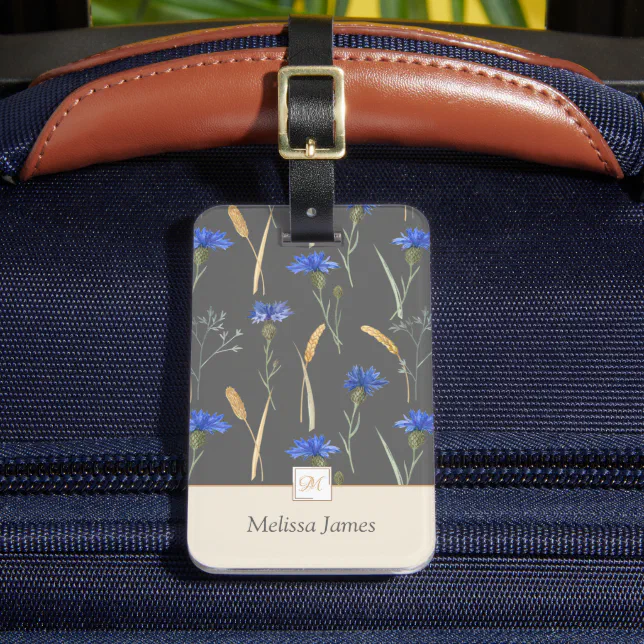 Grey Floral Wildflower Monogram Luggage Tag