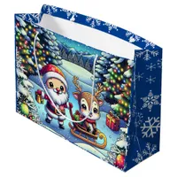 Cute Cartoon Santa and Reindeer Christmas Large Gift Bag