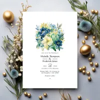 Green, Navy, Pale Blue, and Gold Floral Wedding Invitation