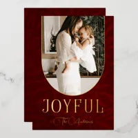 Red Gold Modern Botanical Arch Joyful Photo  Foil Holiday Card