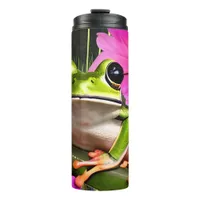 Green Frog Surrounded by Pink Flowers Thermal Tumbler