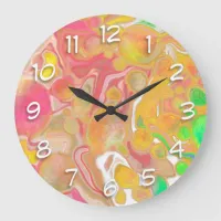 Coral, Blue, Green, Pink Abstract Fluid Art  Large Clock