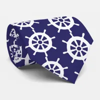 Nautical Navy Blue White Cruise Ship Wheel Pattern Neck Tie