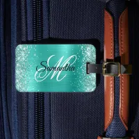 Glittery Turquoise Foil Fancy Monogram Luggage Tag