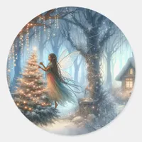 African-American Fairy Decorating Christmas Tree Classic Round Sticker