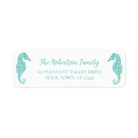 Christmas Glitter Seahorses Aqua Return Address Label