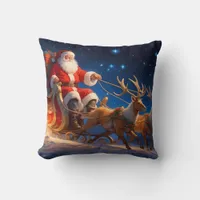 Santa Delivering Toys on a Slope with Reindeer Throw Pillow