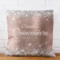 Sparkly Silver Glitter Rose Gold Foil Quinceañera Throw Pillow