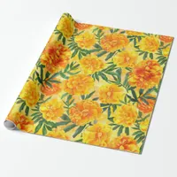 Watercolor Yellow and Orange Marigold Type Flowers Wrapping Paper