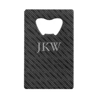 Modern Elegant Monogram Black and Grey Striped  Credit Card Bottle Opener