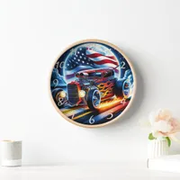 Classic hot rod with flames cruising at sunset clock