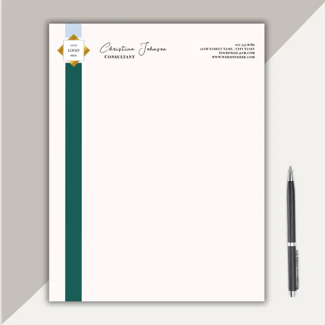 Trendy Green Stripes Gold Logo Notepad