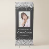 Black and Silver Glitter Sweet Sixteen Welcome Retractable Banner