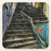 Urban Art on Stairs Abandoned Building Square Paper Coaster