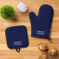 Mosaic Solid Royal Blue Textured Pattern Oven Mitt & Pot Holder Set