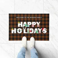Happy Holidays Christmas Buffalo Check Plaid Brown Doormat