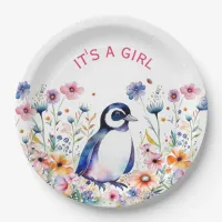 Baby Penguin in Flowers It's a Girl | Baby Shower Paper Plates