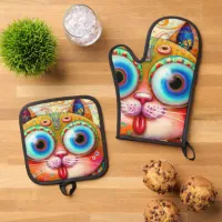 Colorful Fantasy Cat sticking out its Tongue Oven Mitt & Pot Holder Set