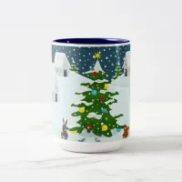 Christmas snow village with christmas tree and ani Two-Tone coffee mug