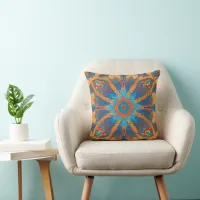 Radiant Mandala: Vibrant Symmetrical Fantasy Art Throw Pillow