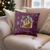 Modern Winter Snowflakes Photo Burgundy Christmas Throw Pillow