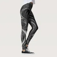 Fractal Black White Metal Nautilus Swirl Leggings