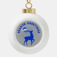 Blue and Silver Season Greeting with Reindeer | Ceramic Ball Christmas Ornament