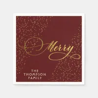 Burgundy Gold Script Merry Bright Family Christmas Napkins