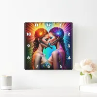 Vivid Twin Portrait With Dramatic Lighting Square Wall Clock