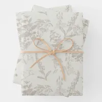 Taupe & Cream Tonal Wildflower Line Art  Wrapping Paper Sheets