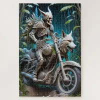 skeleton on a chopper mounted with a wolf head jigsaw puzzle