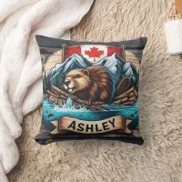 Beaver by River With Mountains Behind Throw Pillow