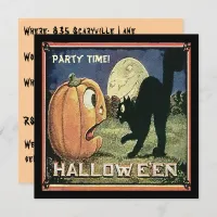 Vintage Halloween Pumpkin  & Cat in Mosaic Invitation