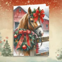 Pretty Brown Horse in Red Bow Christmas Card