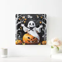 Whimsical ghost celebrates Halloween by a pumpkin Square Wall Clock