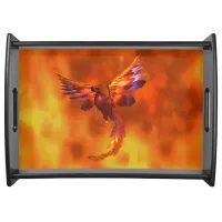 Colorful Phoenix Flying Against a Fiery Background Serving Tray