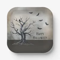 Spooky Halloween Tree with Raven and Bats Paper Plates