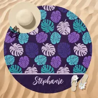 Purple and Teal Tropical Monstera Leaf Custom Name Beach Towel