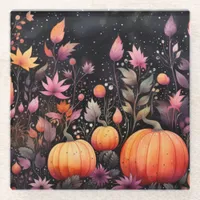 Magical Pumpkins Purple and Orange Autumn Foliage Glass Coaster